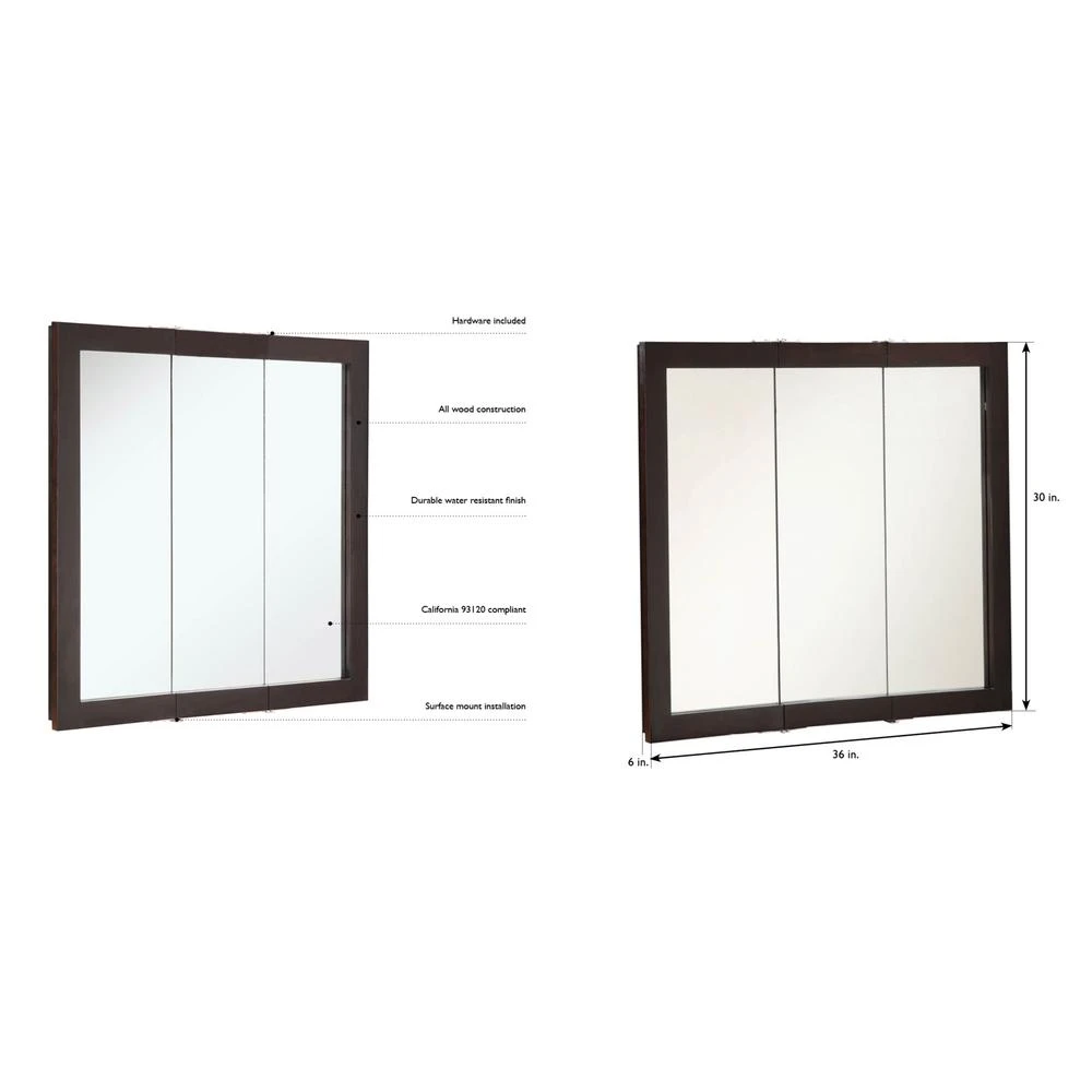 Ventura 36 In. W X 30 In. H X 6 In. D Framed Tri-View Surface-Mount Bathroom Medicine Cabinet In Espresso 7 Ventura 36 In. W X 30 In. H X 6 In. D Framed Tri-View Surface-Mount Bathroom Medicine Cabinet In Espresso - Image 7