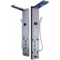 53 In. 10-Jet Shower Panel System In Brushed Nickel With LED Rainfall Waterfall Shower Head Handshower And Tub Spout