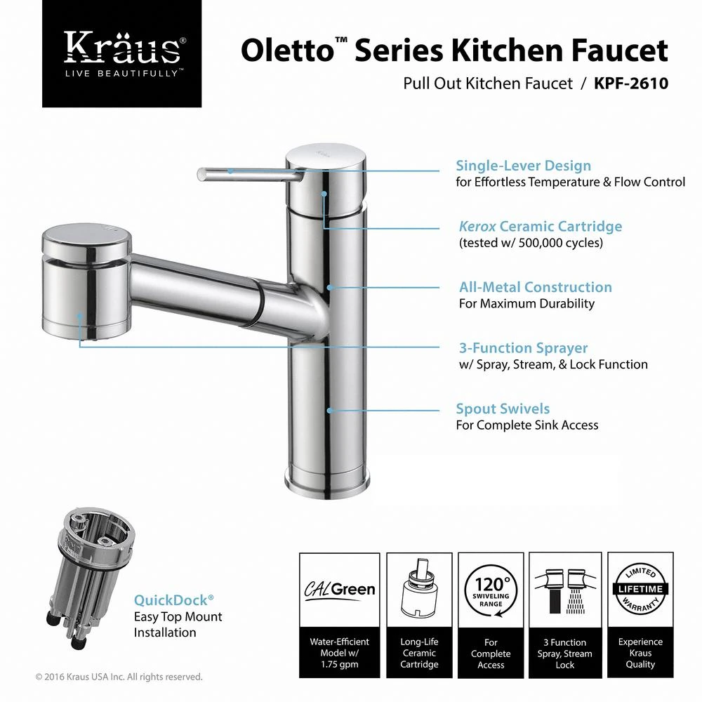 Oletto Single Handle Pull Out Kitchen Faucet In Chrome Finish 3 Oletto Single Handle Pull Out Kitchen Faucet In Chrome Finish - Image 3