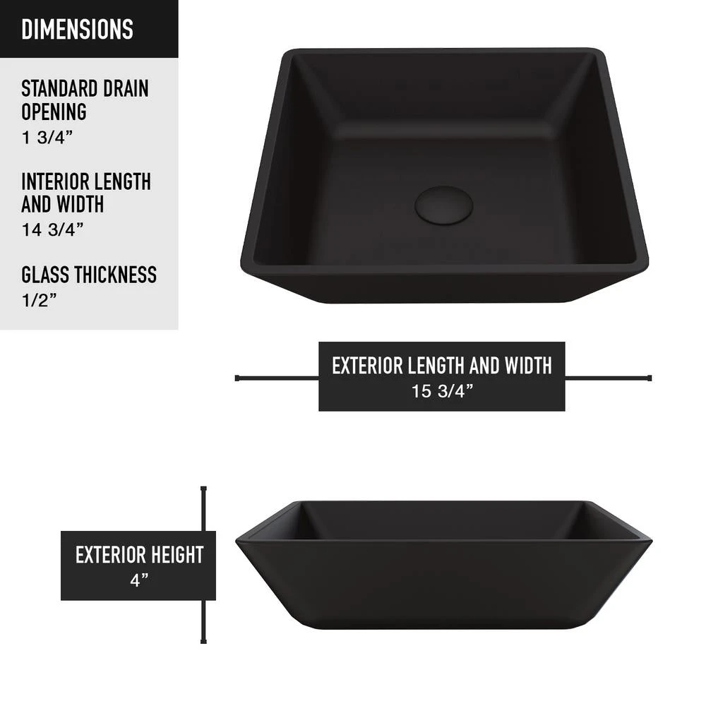 VIGO Black Roma Rectangular MatteShell Glass Bathroom Vessel Sink 5 VIGO Black Roma Rectangular MatteShell Glass Bathroom Vessel Sink - Image 5