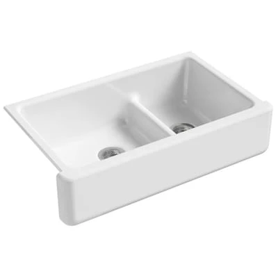 KOHLER Whitehaven 35.5-in X 21.56-in White Double Offset Bowl Tall (8-in Or Larger) Drop-In Apron Front/Farmhouse Residential Kitchen Sink 1 KOHLER Whitehaven 35.5-in X 21.56-in White Double Offset Bowl Tall (8-in Or Larger) Drop-In Apron Front/Farmhouse Residential Kitchen Sink