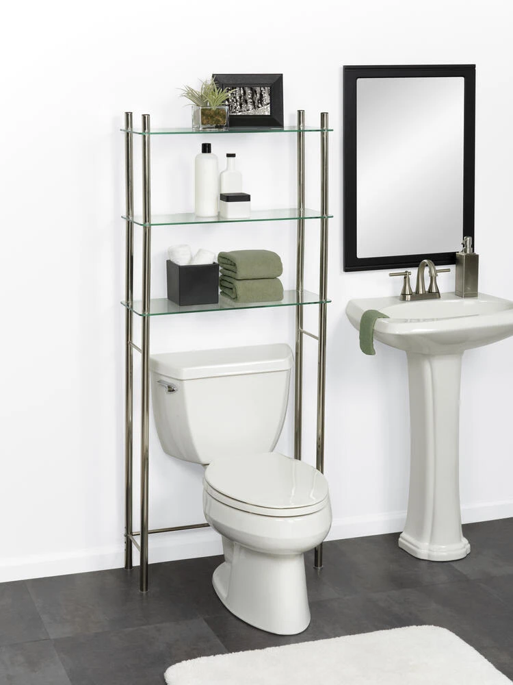 Zenna Home® Floating Glass 26"W X 60"H Brushed Nickel Over-the-Toilet Storage Shelves 2 Zenna Home® Floating Glass 26"W X 60"H Brushed Nickel Over-the-Toilet Storage Shelves - Image 2