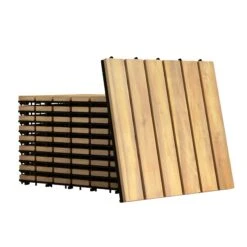 Costway 10PCS 12'' X 12'' Acacia Wood Deck Tiles Interlocking Patio Pavers Stripe Pattern