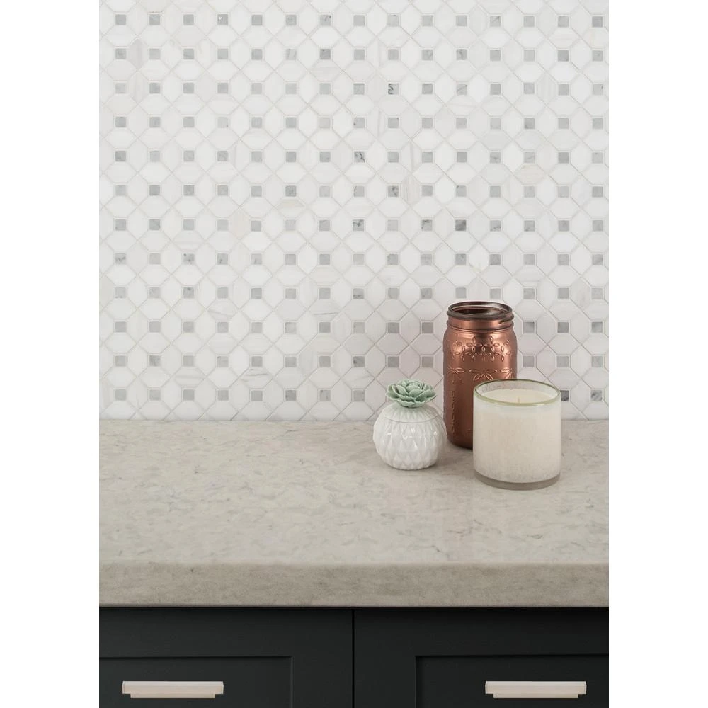 MSI Bianco Dolomite Dotty 12.31 In. X 12.36 In. X 10 Mm Polished Marble Mesh-Mounted Mosaic Tile (10.6 Sq. Ft. / Case) 3 MSI Bianco Dolomite Dotty 12.31 In. X 12.36 In. X 10 Mm Polished Marble Mesh-Mounted Mosaic Tile (10.6 Sq. Ft. / Case) - Image 3