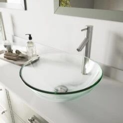 VIGO Glass Vessel Bathroom Sink In Clear Crystalline And Dior Vessel Faucet Set In Brushed Nickel