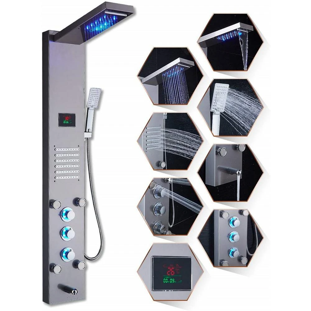 53 In. 10-Jet Shower Panel System In Brushed Nickel With LED Rainfall Waterfall Shower Head Handshower And Tub Spout 2 53 In. 10-Jet Shower Panel System In Brushed Nickel With LED Rainfall Waterfall Shower Head Handshower And Tub Spout - Image 2